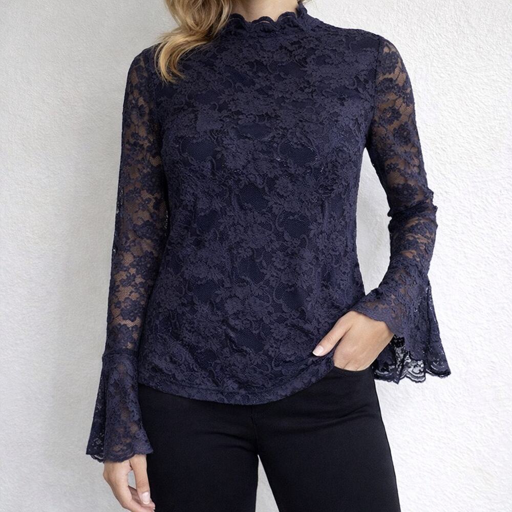 Vince Camuto Navy Lace Mock Neck Bell Sleeve Blouse Sz PXS NWT